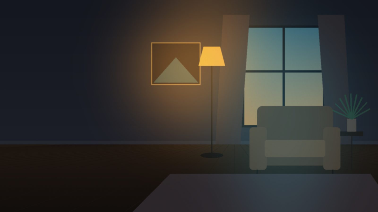 Dimly lit living room with warm lamplight, an armchair and a window at dusk